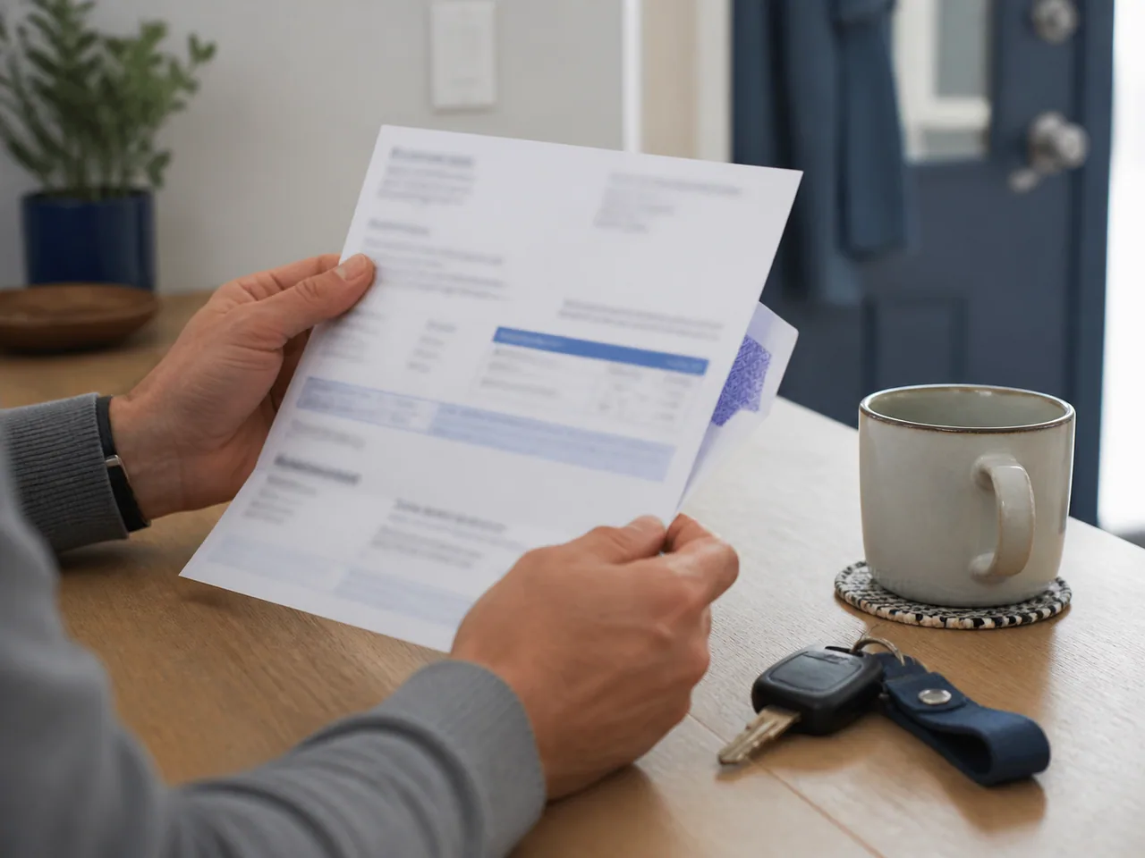 A driver reviewing an insurance renewal notice beside car keys